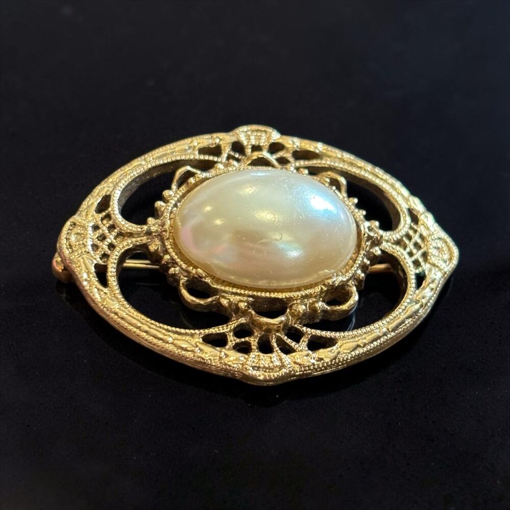 1928 Jewelry Faux Pearl Brooch Ornate Gold Filigree Victorian Revival